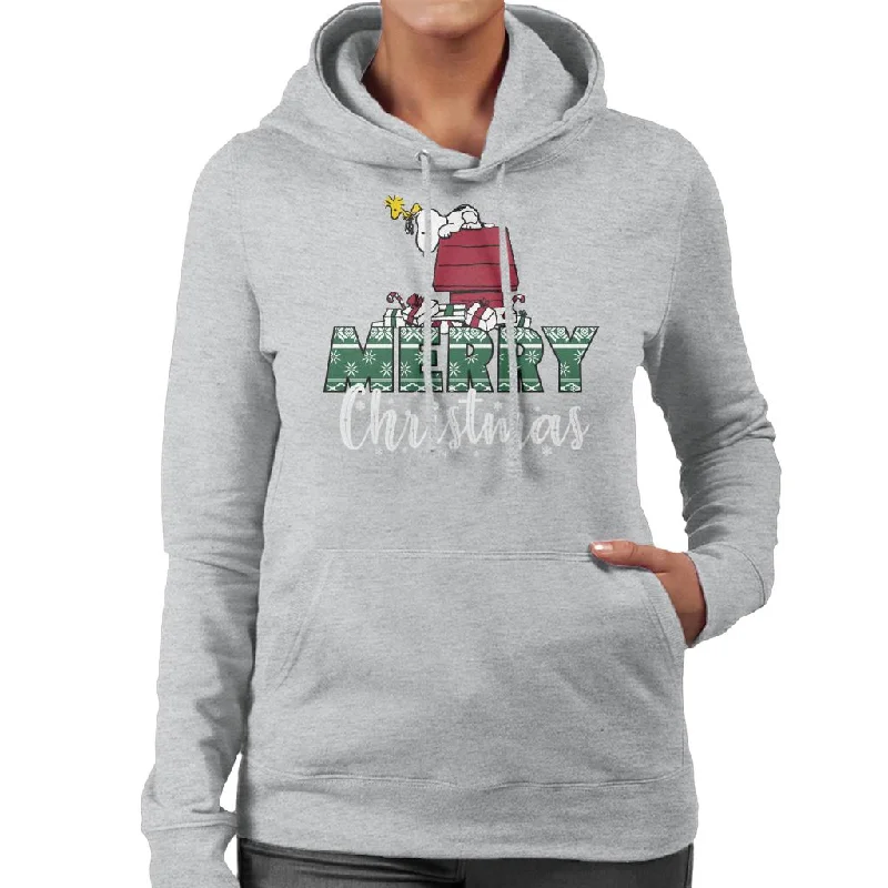 Peanuts Snoopy & Woodstock Merry Christmas Women's Hooded Sweatshirt Hoodie with Hem Contrast Bold Stylish