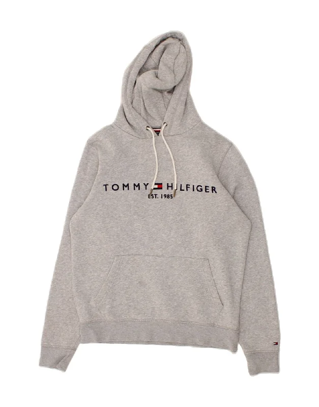 TOMMY HILFIGER Mens Graphic Hoodie Jumper Small Grey Hoodie with Ribbed Hem Stretchable Secure