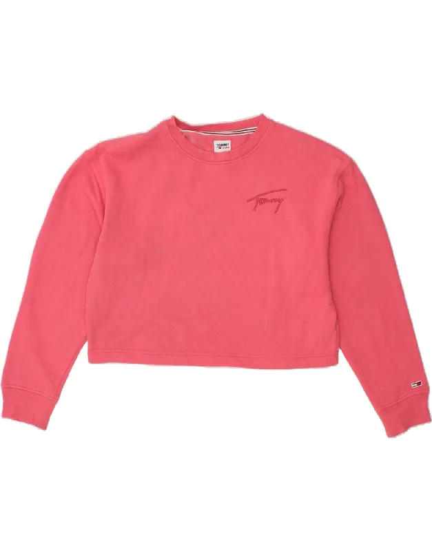 TOMMY HILFIGER Womens Oversized Crop Sweatshirt Jumper UK 6 XS Pink Cotton Hoodie with Emblem Brand Identity TOMMY HILFIGER Womens Oversized Crop Sweatshirt Jumper UK 6 XS Pink Cotton Hoodie with Emblem Brand Identity