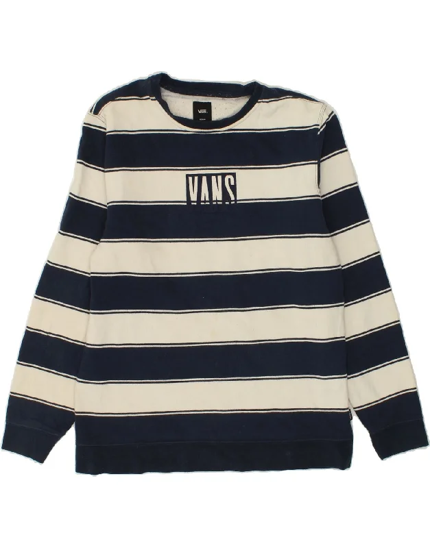 VANS Mens Graphic Sweatshirt Jumper Medium Navy Blue Striped Cotton Hoodie with Frayed Bohemian Relaxed VANS Mens Graphic Sweatshirt Jumper Medium Navy Blue Striped Cotton Hoodie with Frayed Bohemian Relaxed