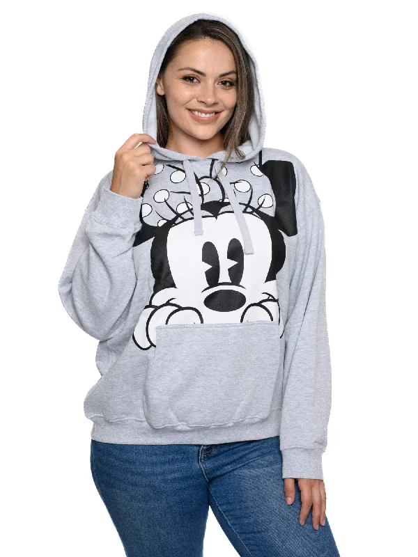 Disney Minnie Mouse Hoodie Sweatshirt Peeking Front Pocket Gray Womens Plus Size Hoodie with Bell Sleeves Flared Feminine