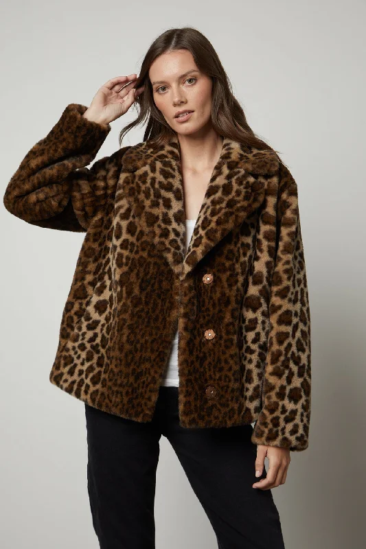 AMANI LEOPARD LUX FAUX FUR JACKET Notch Collar Peter Pan Collar Cowl Neck