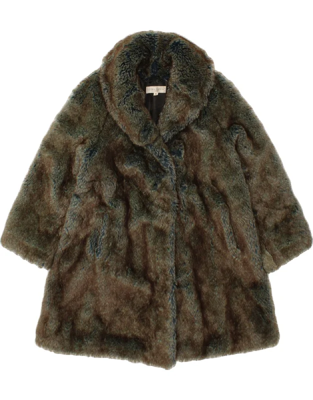 EDINA RONAY Womens Faux Fur Overcoat UK 16 Large Green Acrylic Belted Waist Overcoat