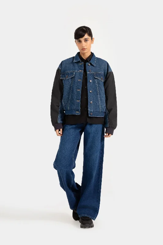Contrast Denim Bomber Jacket Belted Jacket Elasticated Jacket Padded Jacket