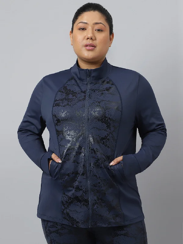 Fitkin Plus Size Blue Luxury Luminous Print Jacket Welt Pockets Slit Pockets Flap Pockets Fitkin Plus Size Blue Luxury Luminous Print Jacket Welt Pockets Slit Pockets Flap Pockets