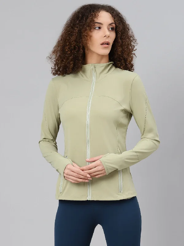 Women's Green Solid Front-Open Active Jacket Hoodie Zip-Up Jacket Button-Up Jacket