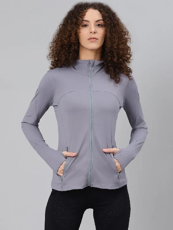 Women's Grey Solid Front-Open Active Jacket Bomber Jacket Anorak Windbreaker