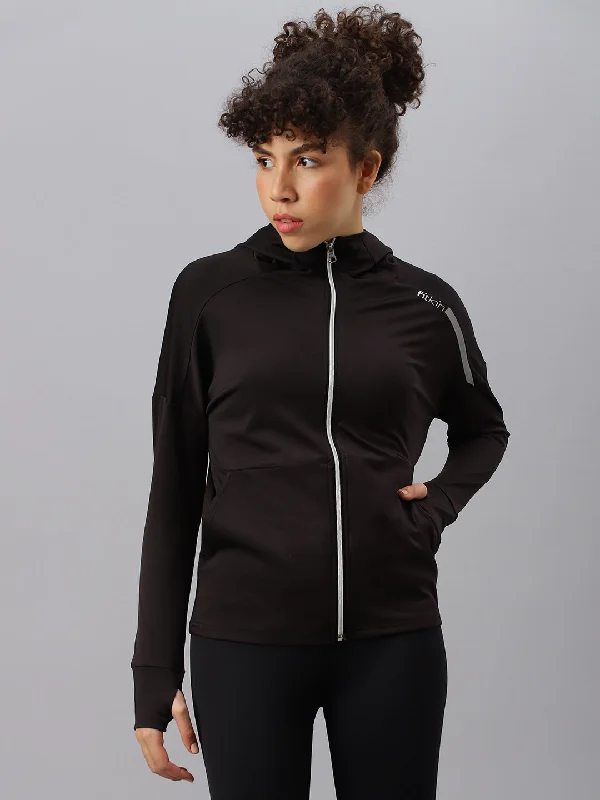 Fitkin women's black full zipper hooded jacket Zippered Front Buttoned Front Snap Front Fitkin women's black full zipper hooded jacket Zippered Front Buttoned Front Snap Front