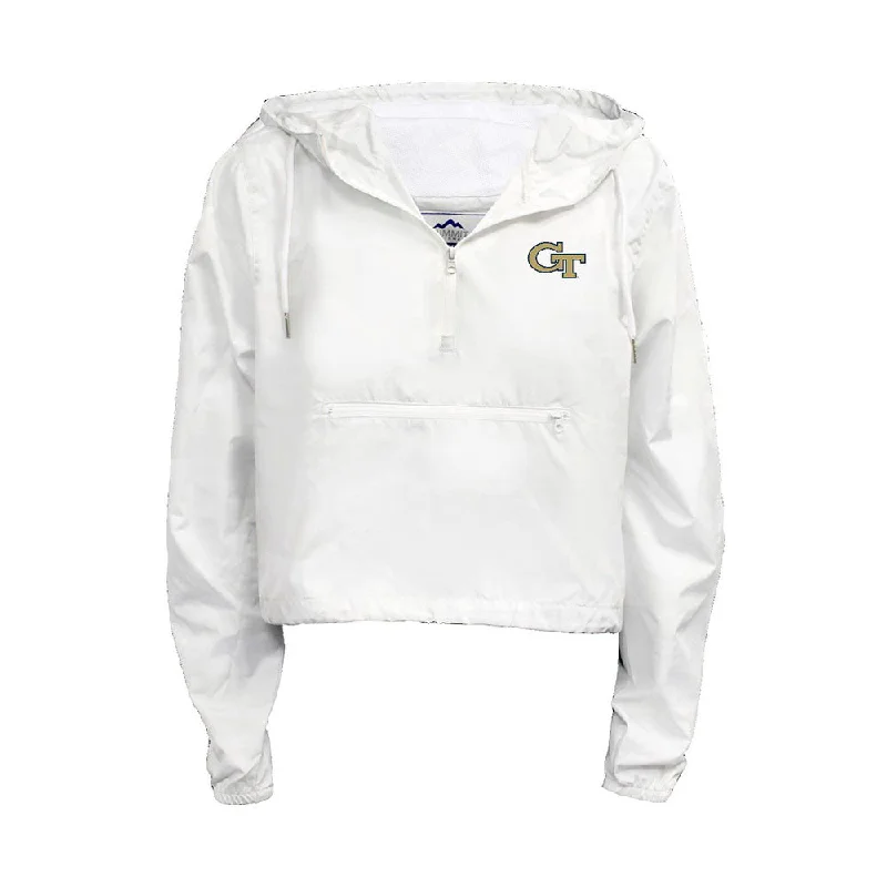 Ladies Georgia Tech Yellow Jackets White Crop Packable 1/4 Zip Rain Jacket Zip Front Button Front Snap Front Ladies Georgia Tech Yellow Jackets White Crop Packable 1/4 Zip Rain Jacket Zip Front Button Front Snap Front