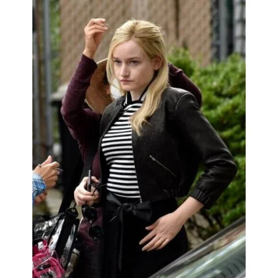 Julia Garner Inventing Black Bolero Cropped Leather Jacket Toggled Jacket Drawstring Jacket Belted Jacket Julia Garner Inventing Black Bolero Cropped Leather Jacket Toggled Jacket Drawstring Jacket Belted Jacket