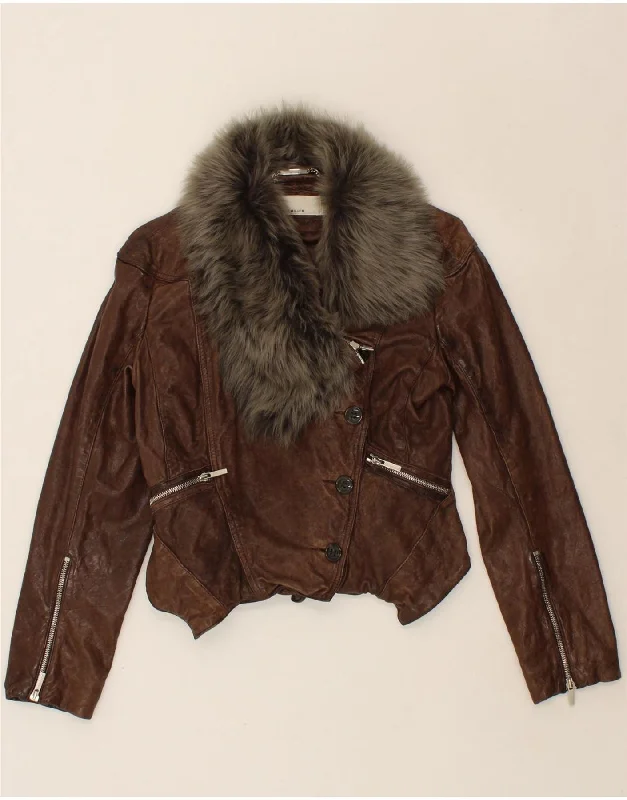 KAREN MILLEN Womens Crop Leather Jacket UK 12 Medium Brown Leather Print Jacket Jacquard Jacket Patchwork Jacket KAREN MILLEN Womens Crop Leather Jacket UK 12 Medium Brown Leather Print Jacket Jacquard Jacket Patchwork Jacket