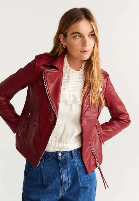 Women's Red Leather Biker Jacket Zippered Jacket Buttoned Jacket Snapped Jacket
