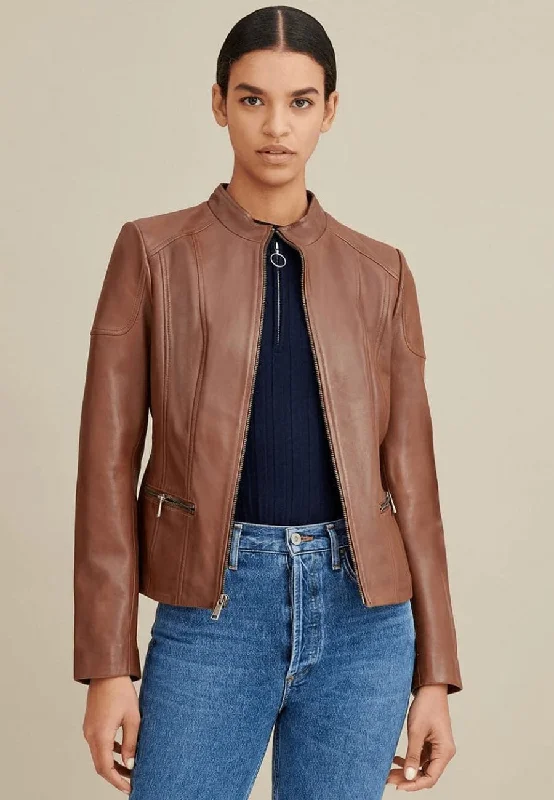 Women's Brown Leather Biker Jacket Crew Neck Anorak Shell Jacket Lightweight Jacket