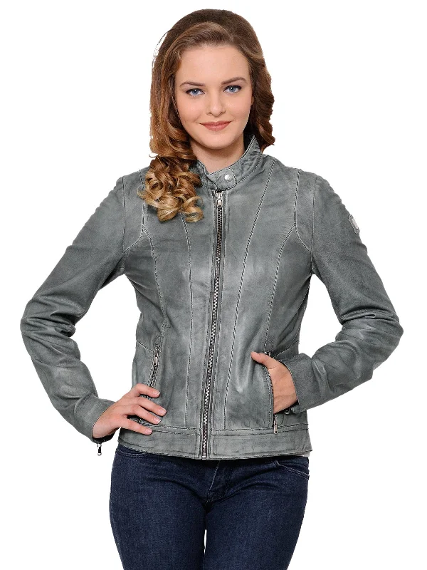 Teakwood Grey Women Genuine Leather Jacket Stand-Up Collar Roll-Neck Collar Turtle Neck Teakwood Grey Women Genuine Leather Jacket Stand-Up Collar Roll-Neck Collar Turtle Neck
