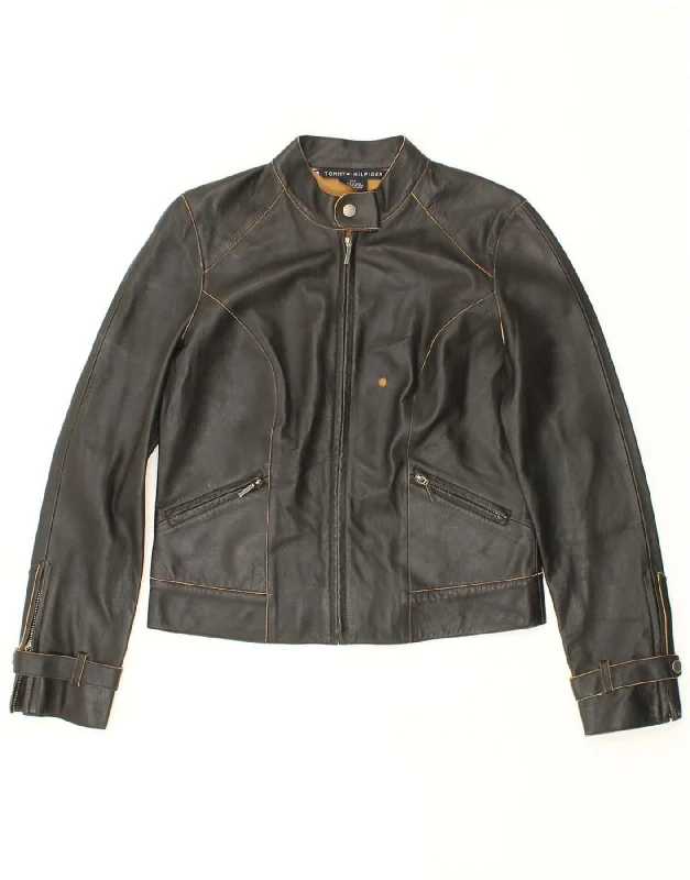TOMMY HILFIGER Womens Leather Jacket UK 10 Small Black Leather Anorak Shell Jacket Lightweight Jacket
