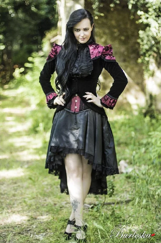 Vampiria Ladies Tail Jacket In Black Velvet Flock And Burgundy Satin Flock Details Notch Collar Peter Pan Collar Cowl Neck Vampiria Ladies Tail Jacket In Black Velvet Flock And Burgundy Satin Flock Details Notch Collar Peter Pan Collar Cowl Neck