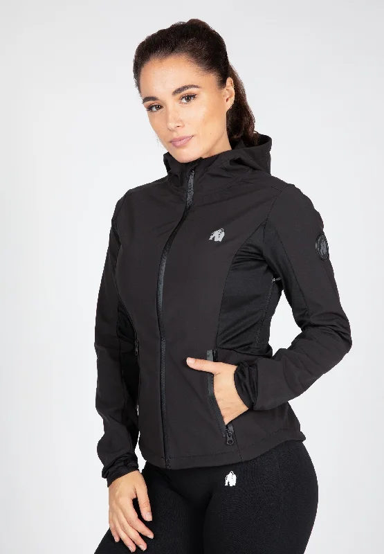 Victoria Softshell Jacket - Black Snapped Jacket Toggled Jacket Drawstring Jacket