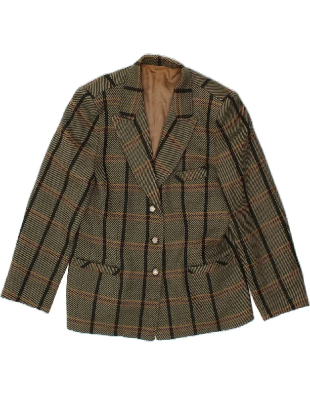 VINTAGE Womens 3 Button Blazer Jacket IT 48 XL Green Striped Wool V-Neck Jacket Boat Neck Jacket Square Neck Jacket