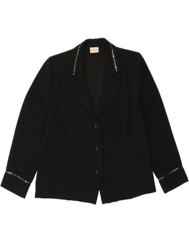 VINTAGE Womens 3 Button Blazer Jacket UK 12 Medium Black Polyester Zip Front Button Front Snap Front VINTAGE Womens 3 Button Blazer Jacket UK 12 Medium Black Polyester Zip Front Button Front Snap Front