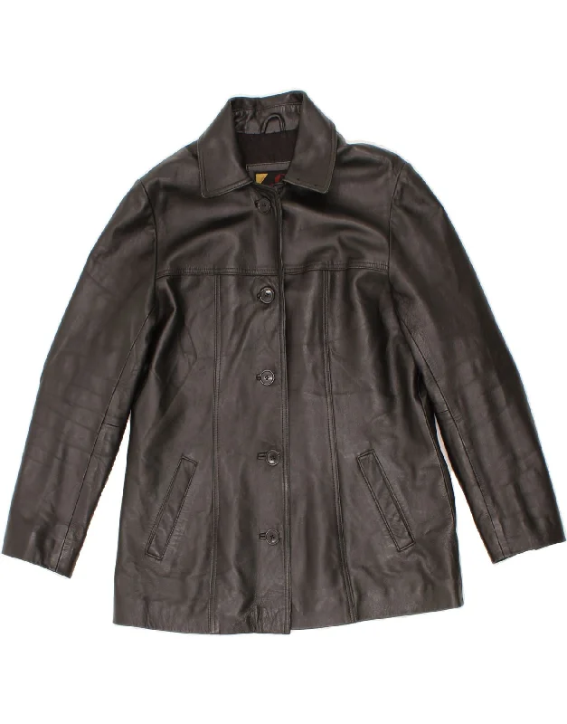 VINTAGE Womens Leather Jacket UK 12 Medium Black Leather Boat Neck Shawl Collar Notched Collar