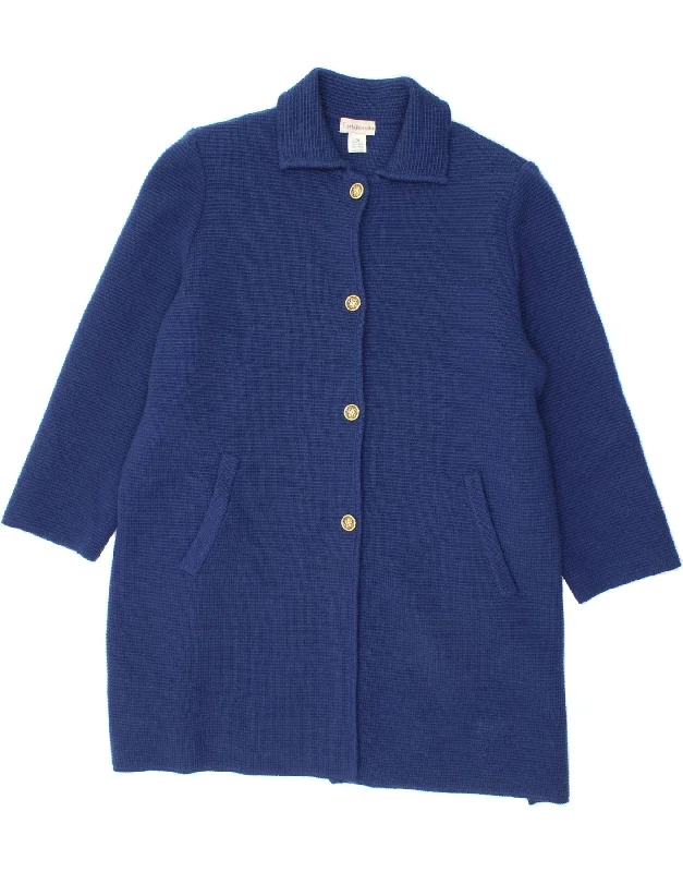 VINTAGE Womens Loose Fit Knit Overcoat IT 50 XL Blue Wool Ruffled Collar Coat