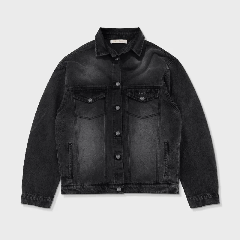 Washed Denim Jacket - Black Fleece Fabric Down Fabric Feather Fabric