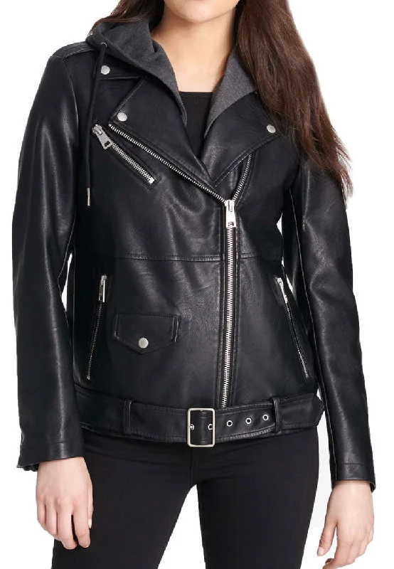 Women's Black Leather Hooded Biker Jacket Ribbed Jacket Pleated Jacket Ruffled Jacket Women's Black Leather Hooded Biker Jacket Ribbed Jacket Pleated Jacket Ruffled Jacket