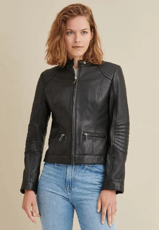 Women's Black Leather Biker Jacket Wool Fabric Cashmere Fabric Tweed Fabric