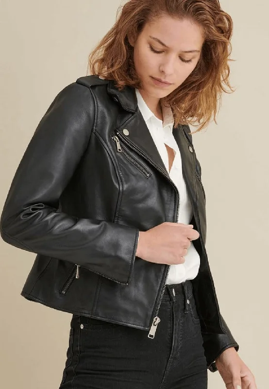 Women's Black Leather Biker Jacket Jersey Jacket Tulle Jacket Batik Jacket