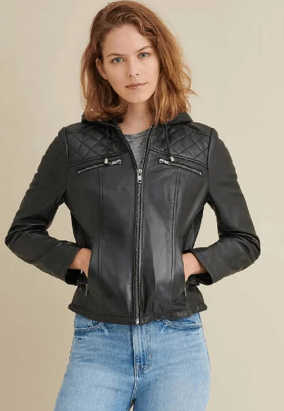 Women's Black Leather Hooded Biker Jacket Front Pockets Side Pockets Patch Pockets