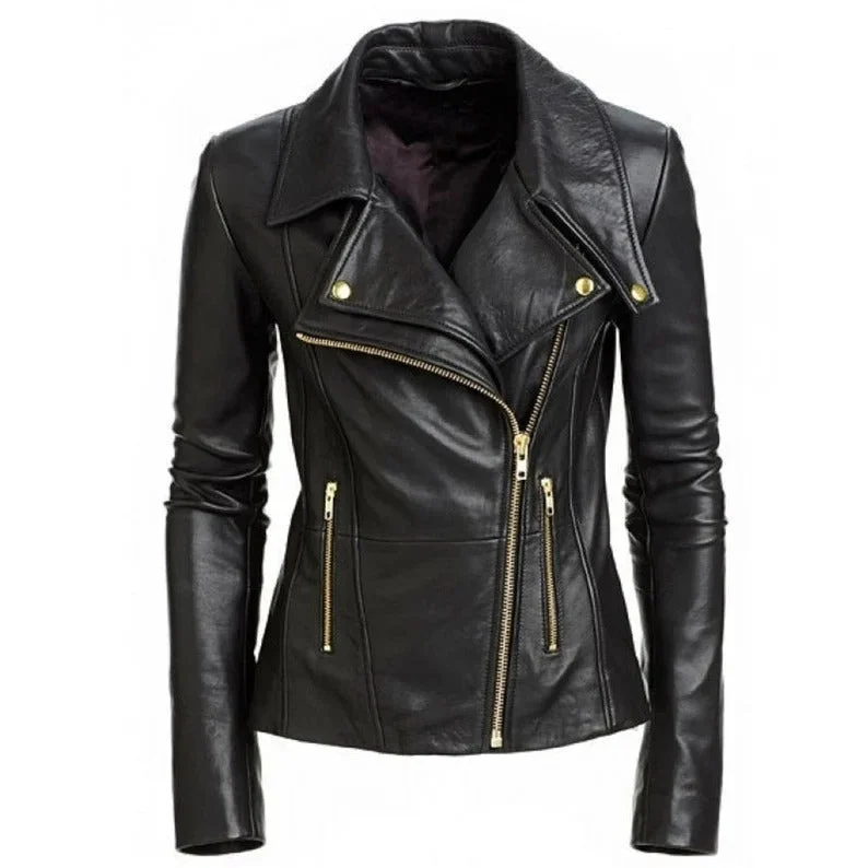 Women's Black Slim Fit Biker Leather Jacket Satin Jacket Silk Jacket Chiffon Jacket Women's Black Slim Fit Biker Leather Jacket Satin Jacket Silk Jacket Chiffon Jacket
