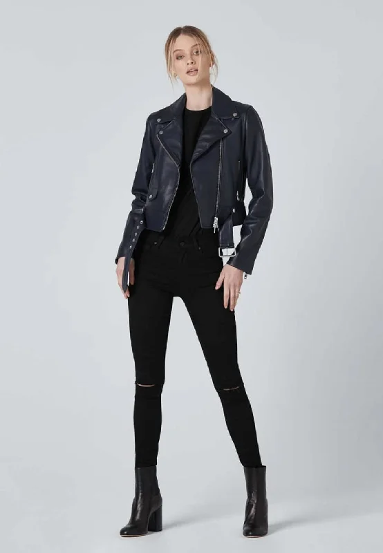 Women's Blue Leather Biker Jacket A-Line Jacket Boat Neck Shawl Collar