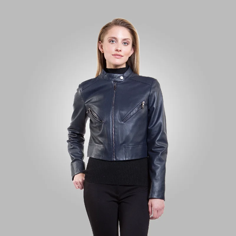 Women's Blue Leather Short Fit Jacket Chenille Jacket Brocade Jacket Lace Jacket