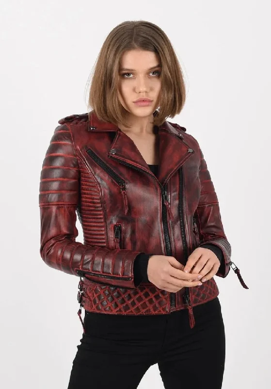 Women's Burnt Red Lambskin Leather Biker Jacket Cotton Fabric Linen Fabric Terry Fabric Women's Burnt Red Lambskin Leather Biker Jacket Cotton Fabric Linen Fabric Terry Fabric