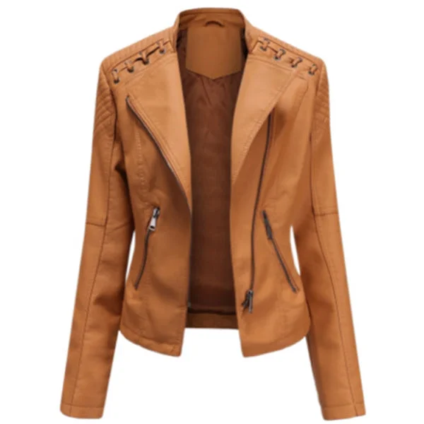 Women's Camel Oblique Zipper Leather Jacket Snapped Jacket Toggled Jacket Drawstring Jacket Women's Camel Oblique Zipper Leather Jacket Snapped Jacket Toggled Jacket Drawstring Jacket