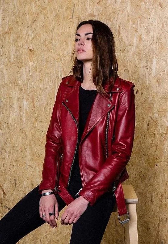 Women's Dark Red Leather Biker Jacket Mesh Jacket Canvas Jacket Denim Jacket