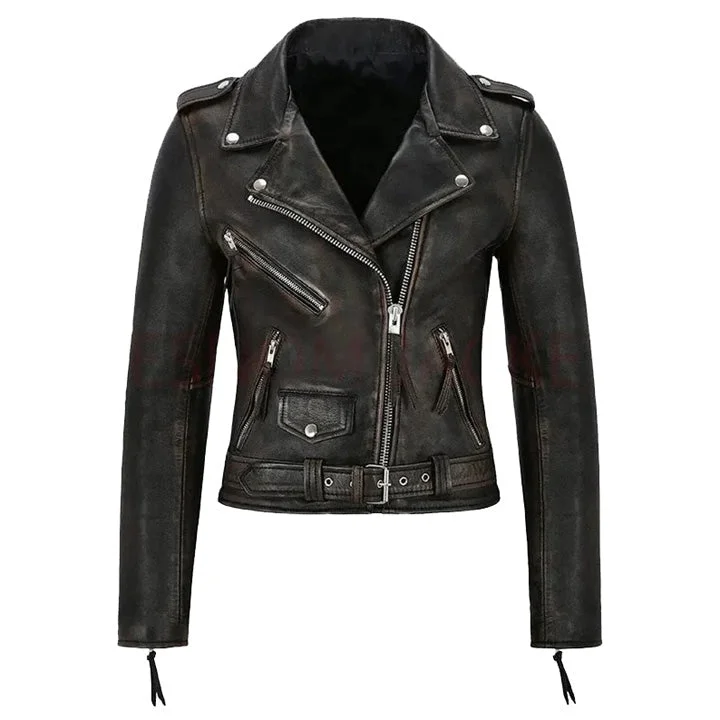 Women's Distressed Leather Biker Jacket Zippered Front Buttoned Front Snap Front
