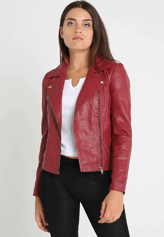 Women's Red Leather Biker Jacket Fleece Jacket Down Jacket Parka