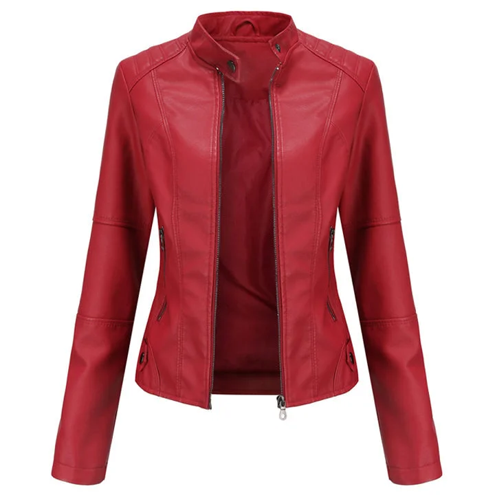 Women's Red Leather Moto Biker Zipper Jacket A-Line Jacket Boat Neck Shawl Collar
