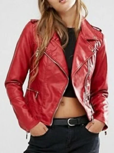 Women's Red Slim Fit Motorcycle Leather Jacket Herringbone Jacket Houndstooth Jacket Plaid Jacket
