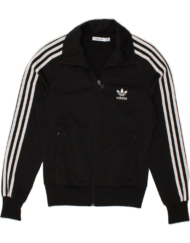 ADIDAS Womens Graphic Tracksuit Top Jacket EU 38 Medium Black Polyester Welt Pockets Slit Pockets Flap Pockets