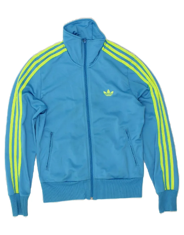 ADIDAS Womens Graphic Tracksuit Top Jacket UK 12 Medium Blue Polyester Zippered Front Buttoned Front Snap Front