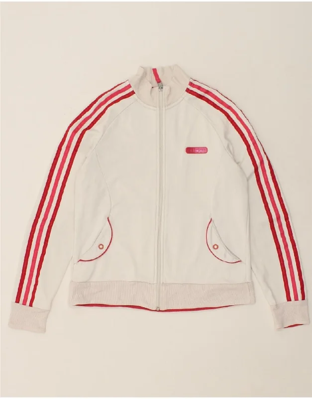 ADIDAS Womens Graphic Tracksuit Top Jacket UK 14 Large White Polyester Notch Collar Jacket Peter Pan Collar Jacket Cowl Neck Jacket