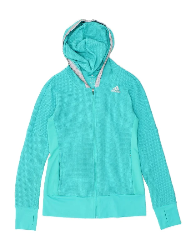 ADIDAS Womens Hooded Tracksuit Top Jacket UK 10 Small Turquoise Polyester Cotton Fabric Linen Fabric Terry Fabric