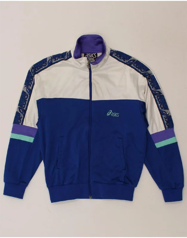 ASICS Womens Tracksuit Top Jacket IT 44 Medium Blue Colourblock Nylon Zippered Front Buttoned Front Snap Front