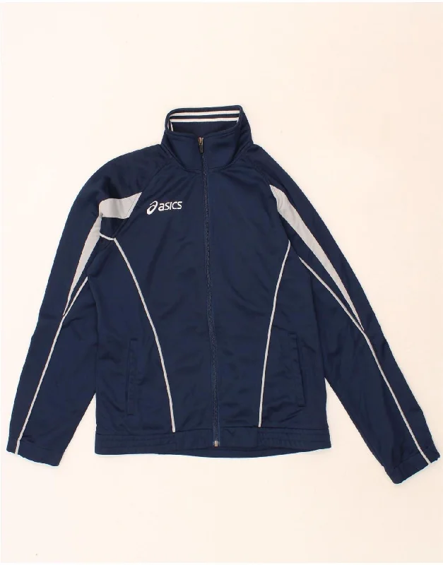 ASICS Womens Tracksuit Top Jacket UK 14 Medium Navy Blue Colourblock Bomber Jacket Anorak Windbreaker