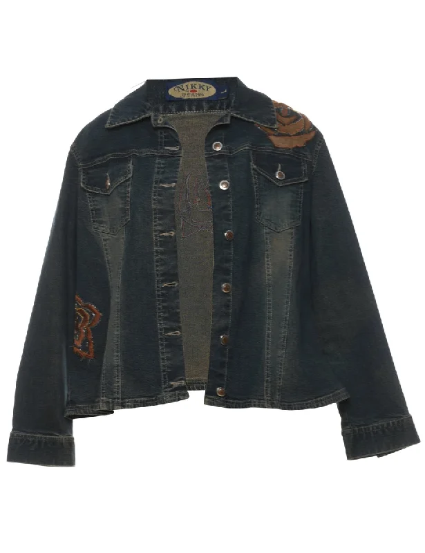 Distressed Y2K Embellished Denim Jacket - L Rayon Jacket Velvet Jacket Corduroy Jacket