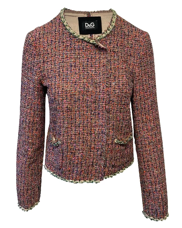 Dolce & Gabbana Evening Jacket in Pink Tweed Boat Neck Shawl Collar Notched Collar