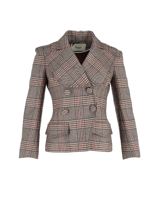 Fendi Double Breasted Prince Of Wales Checked Jacket in Brown Wool Hoodie Zip-Up Jacket Button-Up Jacket