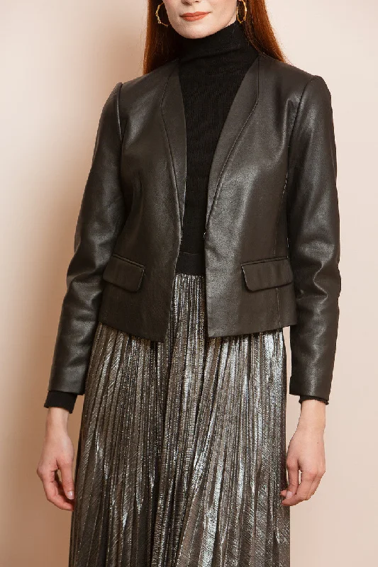 JESSIE LIU Pleather Cropped Jacket - Black A-Line Jacket Boat Neck Shawl Collar